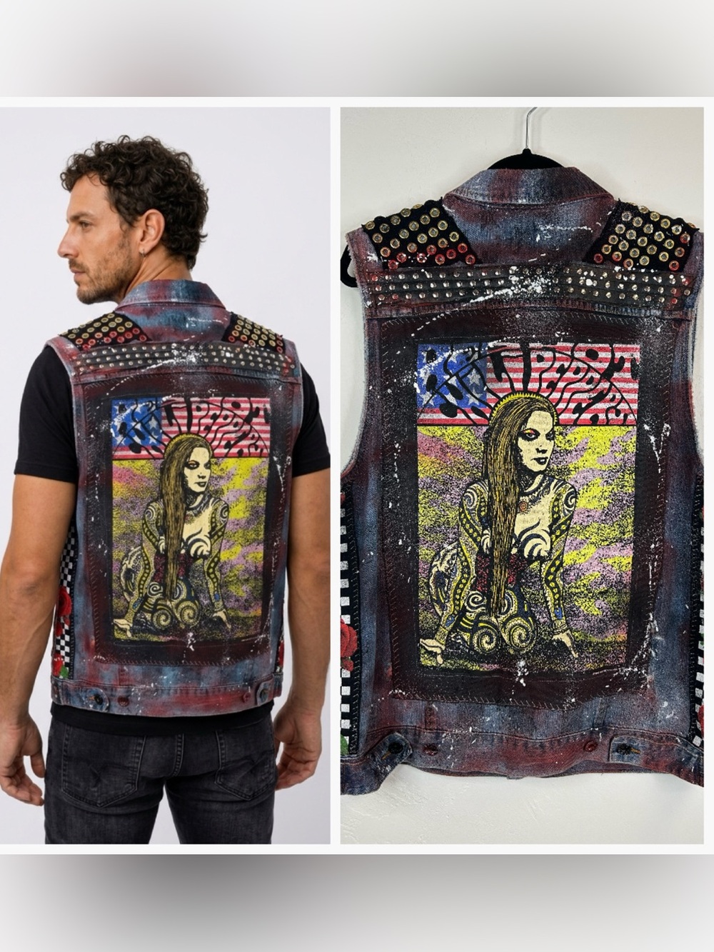 Concert Vest L/XL Artsy Denim Vest RHCP 90s Punk Rock Alt Music Studded Custom